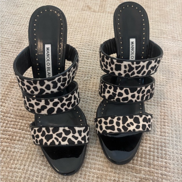 Manolo Blahnik Shoes - Manolo Blahnik Black Calf Hair Sandals with Black & White Leopard Straps